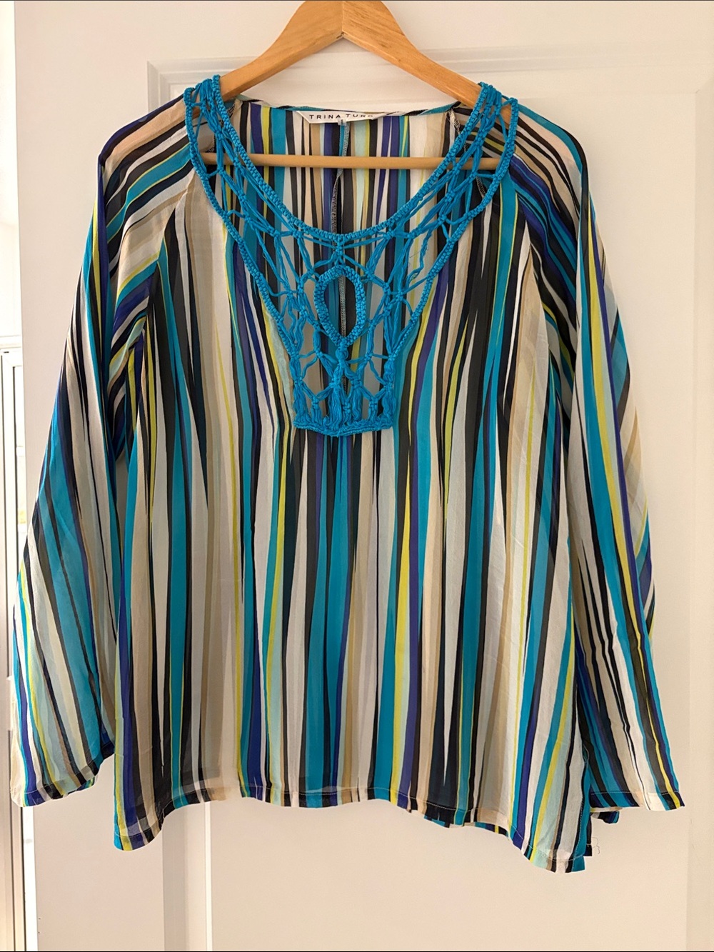 Trina Turk Teal Crochet Yoke Silk Blouse